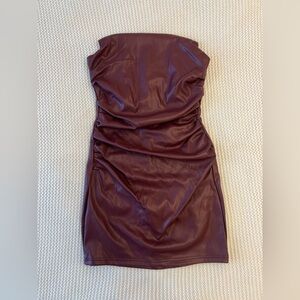 Haute Monde Strapless Faux Leather Mini Dress in Deep Burgundy